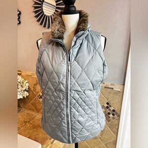 Eddie Bauer Women's Quilted Silver Vest with Faux Fur Trim